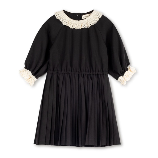 [F24-MDG205-BK] Crochet Collar Pleated Dress