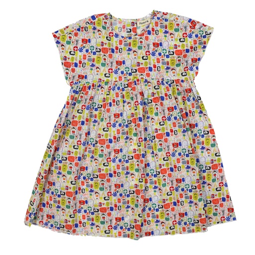 MULTI PRINT SHORT SLEEVE HIGH YOKE DRESS