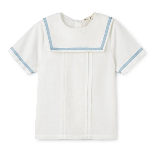 SHORT SLEEVE SHIRT WITH SQUARE RIBBON TRIMMED COLLAR