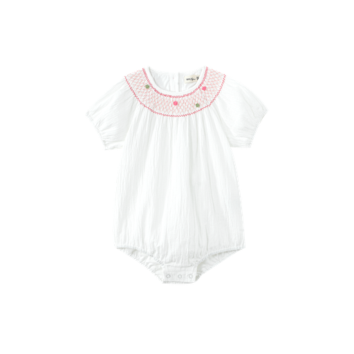 Linen Romper With Floral Smocking